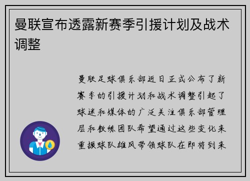 曼联宣布透露新赛季引援计划及战术调整